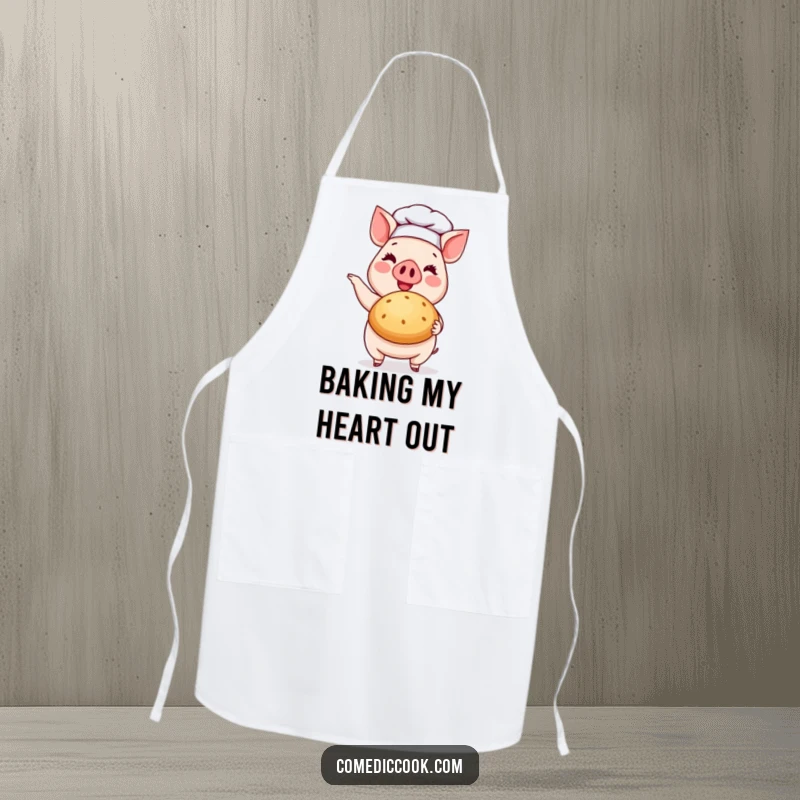 Funny Pig Chef Apron: A chef's apron featuring a cheerful pig with a chef's hat, holding a beautiful baked bun.