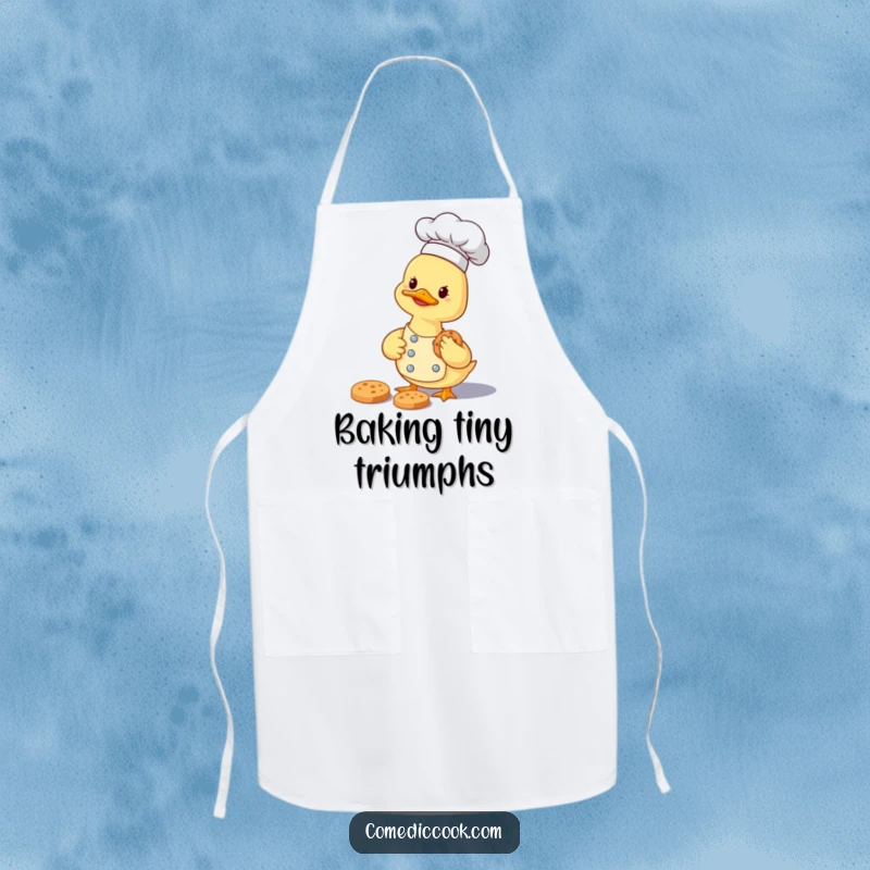 Funny smiling duckling chef carefully gathering a tiny cookie on a stylish and humorous kitchen apron.