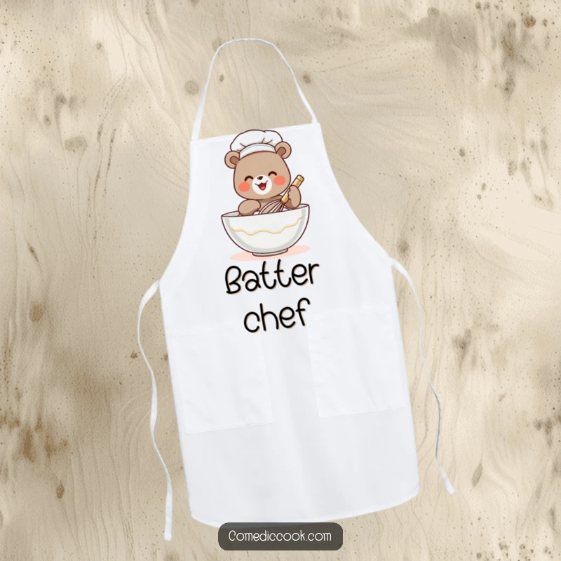 Funny bear chef apron with a tiny bear whisking batter, protecting clothes and adding humor to cooking and baking activities.