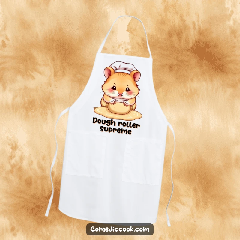 Funny hamster chef apron, a focused character rolling dough with tiny paws, perfect for protecting clothes during baking with a humorous theme.