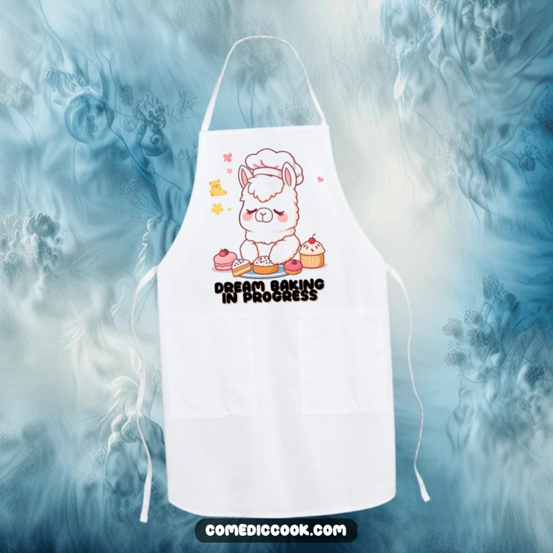 Funny Alpaca Chef Apron: Chef's apron featuring a sleepy alpaca wearing a hat, dreaming of delicious pastries.