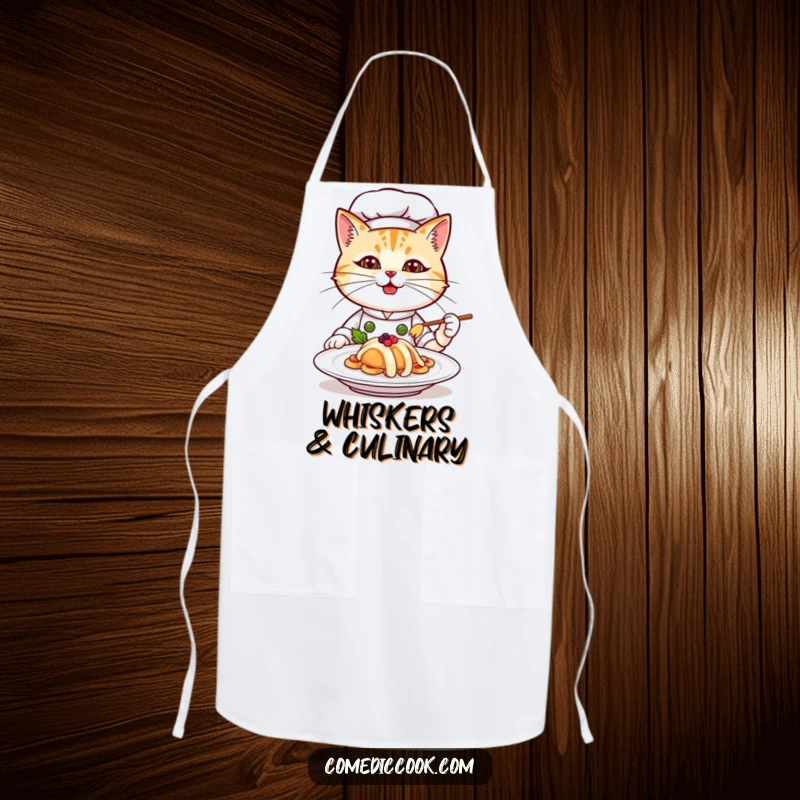 Funny cat chef apron, a determined feline chef ready to cook, adorned with a beautifully presented dish, perfect for kitchen fun.