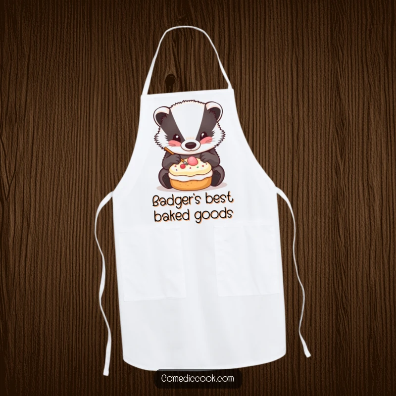 Funny Badger Decorator Apron with a badger meticulously decorating a pastry, ideal for precise bakers.