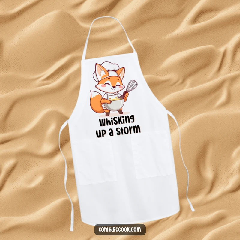 Funny Fox Chef Apron with a winking fox whisking, ideal for chefs and home cooks with a sense of humor.