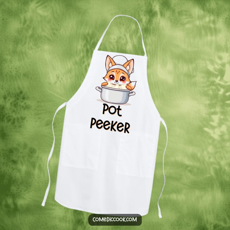 Funny fox chef apron with a curious fox peeking into a bubbling pot, protecting clothes and adding culinary mystery and humor.