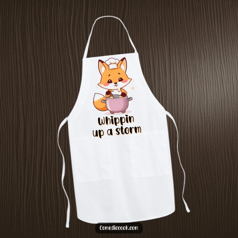 Funny Kawaii fox chef apron, a flustered fox chef stirring a pot, protective and humorous kitchen wear, ideal funny gift.