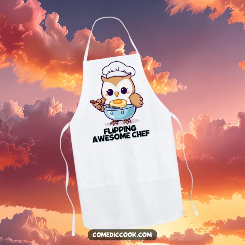 Funny Kawaii owl chef apron featuring a character flipping a pancake, ideal for kitchen tasks.
