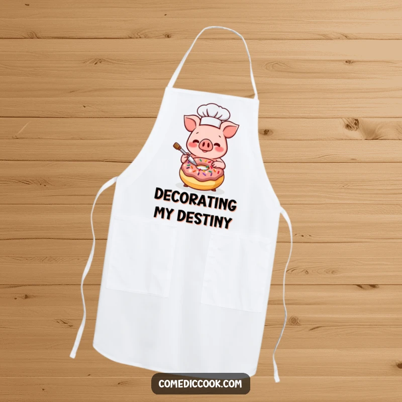 Funny Kawaii pig chef apron, featuring a smiling pig decorating a donut with sprinkles. Cute and practical kitchen wear, excellent funny gift.
