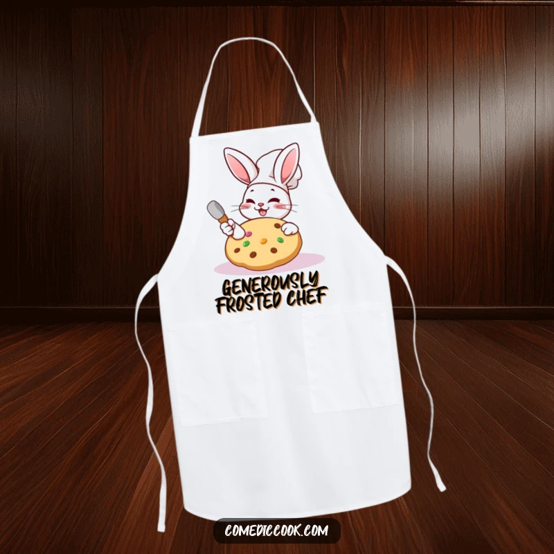 Funny Kawaii rabbit chef apron featuring a character frosting a giant cookie, ideal for bakers.