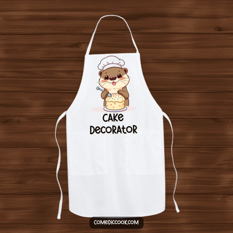 Funny otter chef apron with a happy otter decorating a tiny cake with sprinkles, protecting clothes and adding baking humor.