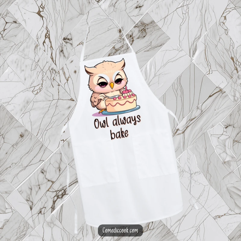 Funny owl apron showing a smiling owl baker intensely decorating a cake, ideal for keeping clothes clean while cooking.