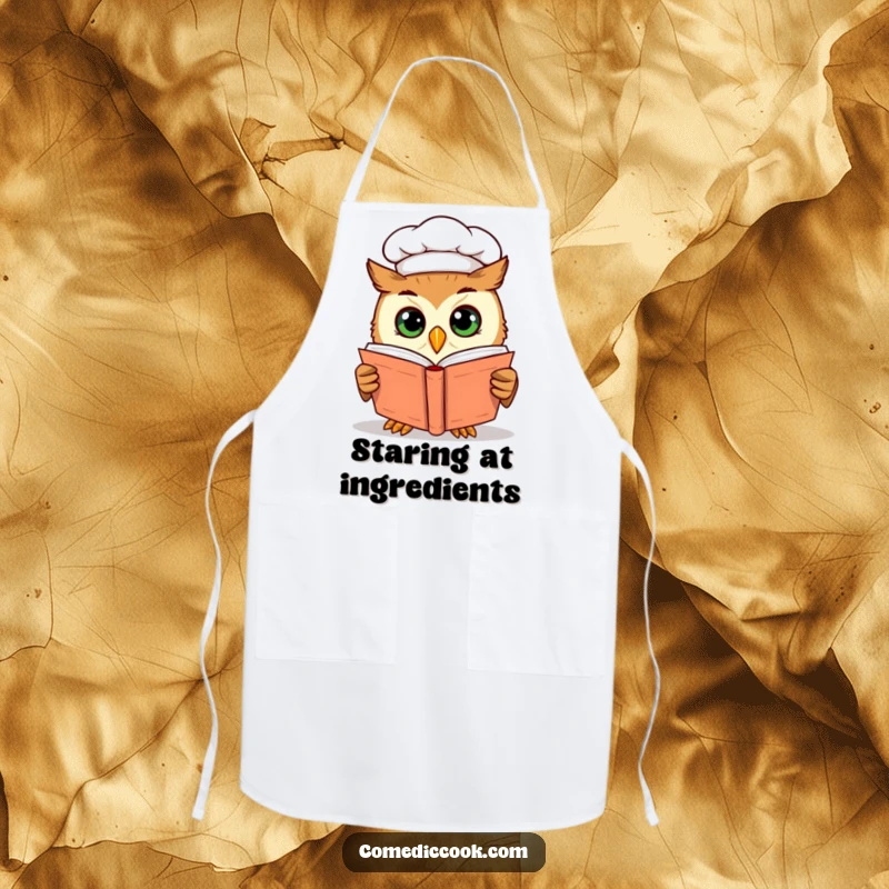 Funny curious owl chef peering into a cookbook with wide eyes, printed on a durable apron for culinary research.