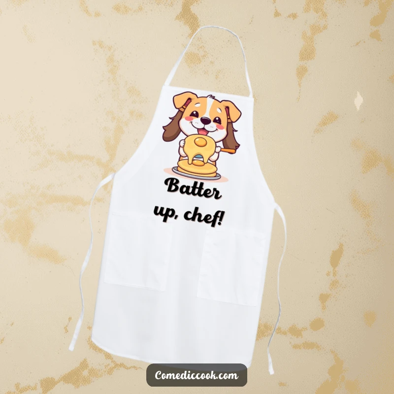 Funny apron depicting a happy dog expertly flipping a pancake, designed for kitchen protection with a humorous and charming canine chef theme.