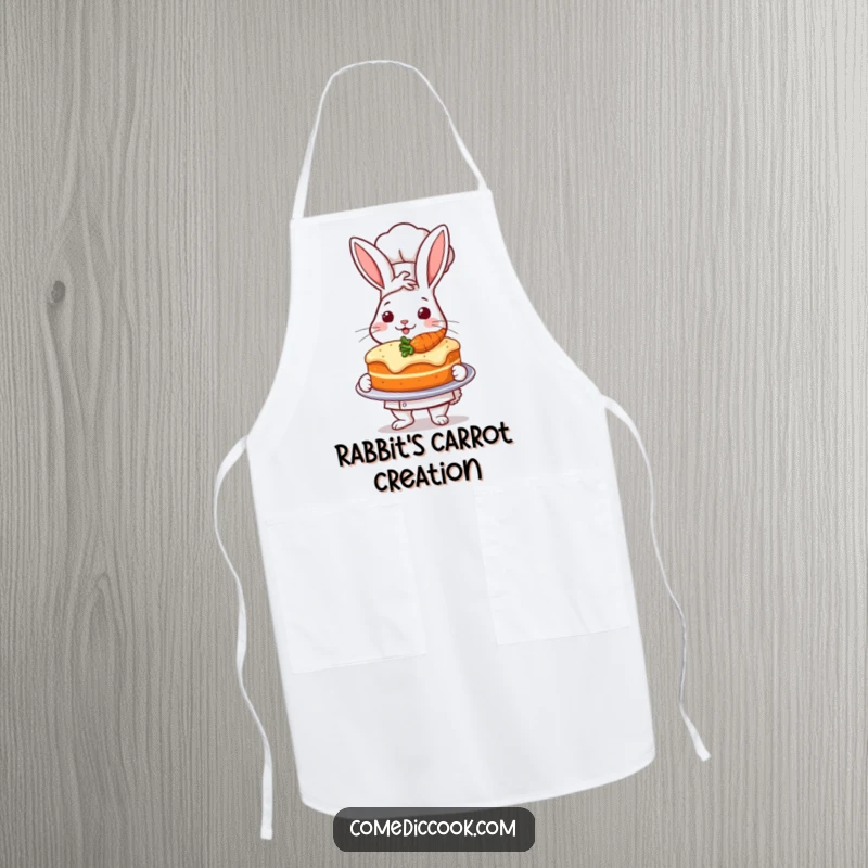 Funny apron of a rabbit chef proudly presenting a perfectly baked carrot cake, great for bakers.