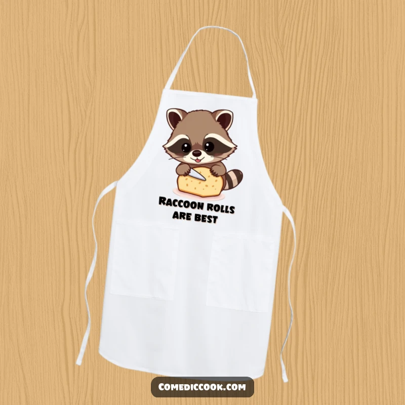 Funny raccoon apron showing a beaming raccoon carefully slicing a loaf of bread, keeping bakers clean with humor.