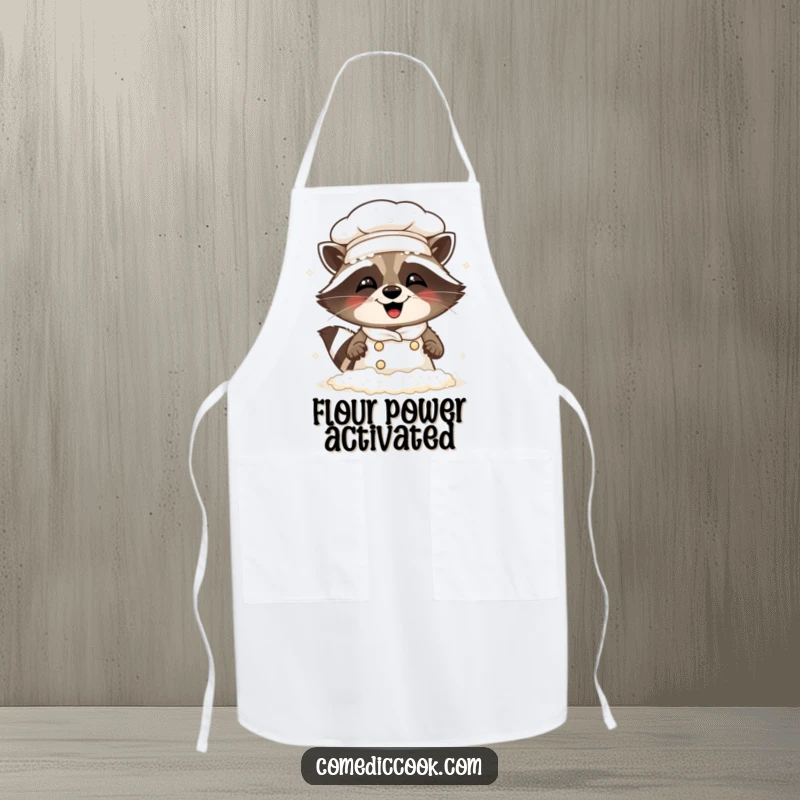 Funny Raccoon Chef Apron: Chef's apron featuring a raccoon chef comically dusted with flour, caught giggling.
