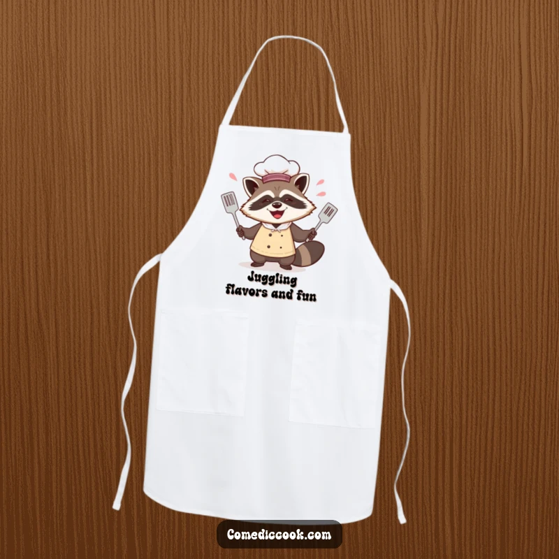 Funny raccoon chef apron showing him juggling spatulas with a mischievous grin, ready for kitchen adventures and culinary tricks.