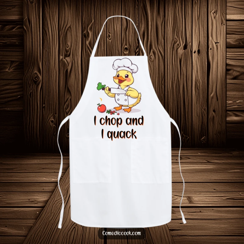Funny Duck Chef Apron: A bouncing duck chef chops vegetables, a humorous and practical kitchen accessory.