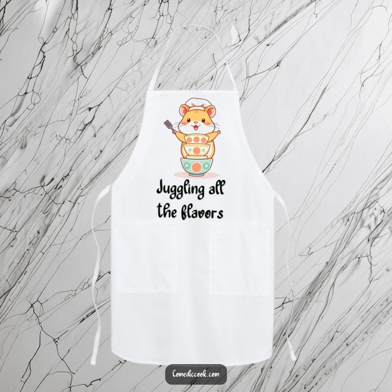 Funny Kawaii hamster chef apron, featuring a playful hamster balancing a stack of tiny bowls. Stylish and practical kitchen wear, excellent funny gift.
