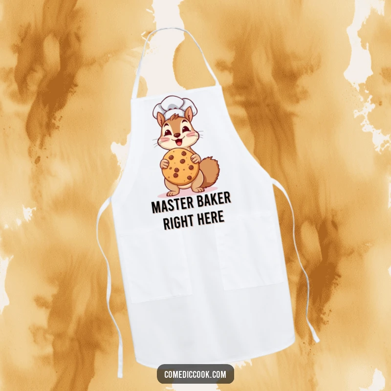 Funny Apron: a squirrel chef enthusiastically holds a giant cookie, ready to whip up deliciousness with humor.