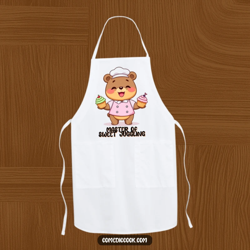Funny Kawaii bear chef apron featuring a character juggling cupcakes, ideal for baking fun.