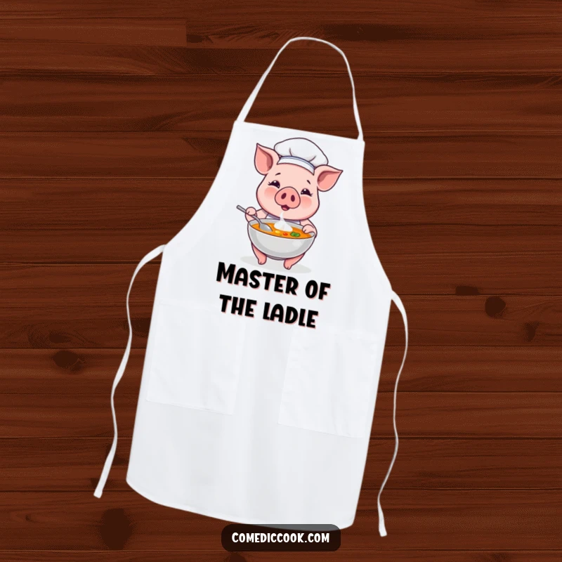 Funny pig chef proudly presenting a steaming bowl of soup on a practical apron, adding humor to cooking and kitchen tasks.