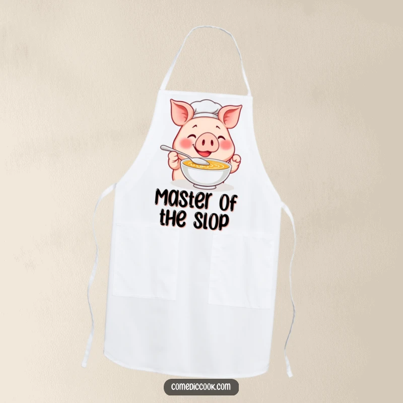 Funny Pig Chef Apron: A smiling pig chef tastes soup with a tiny spoon, a humorous and practical kitchen accessory.