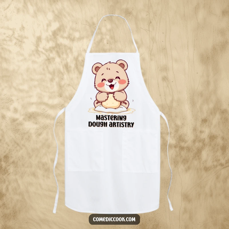 Funny apron with a tiny bear cub joyfully kneading dough with flour-dusted paws, perfect for a cheerful baking experience.