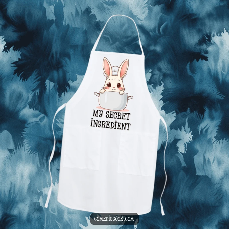 Funny Rabbit Chef Apron: Cute bunny chef peeking into a steaming pot, a humorous and practical kitchen accessory.