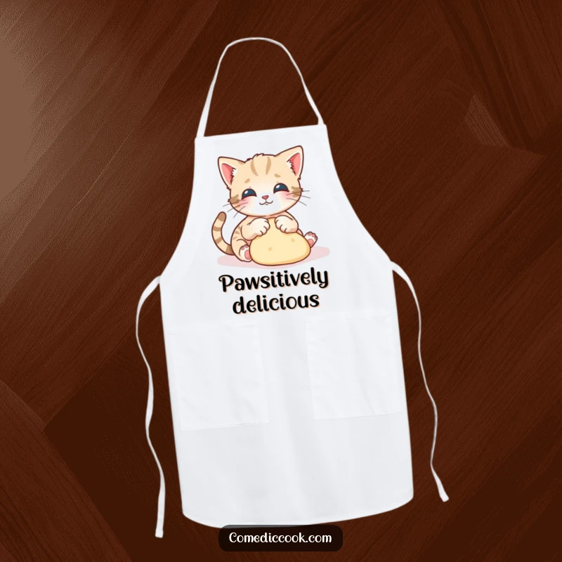 Funny kitten apron showing a playful kitten gracefully kneading dough with tiny paws, ideal for bakers.