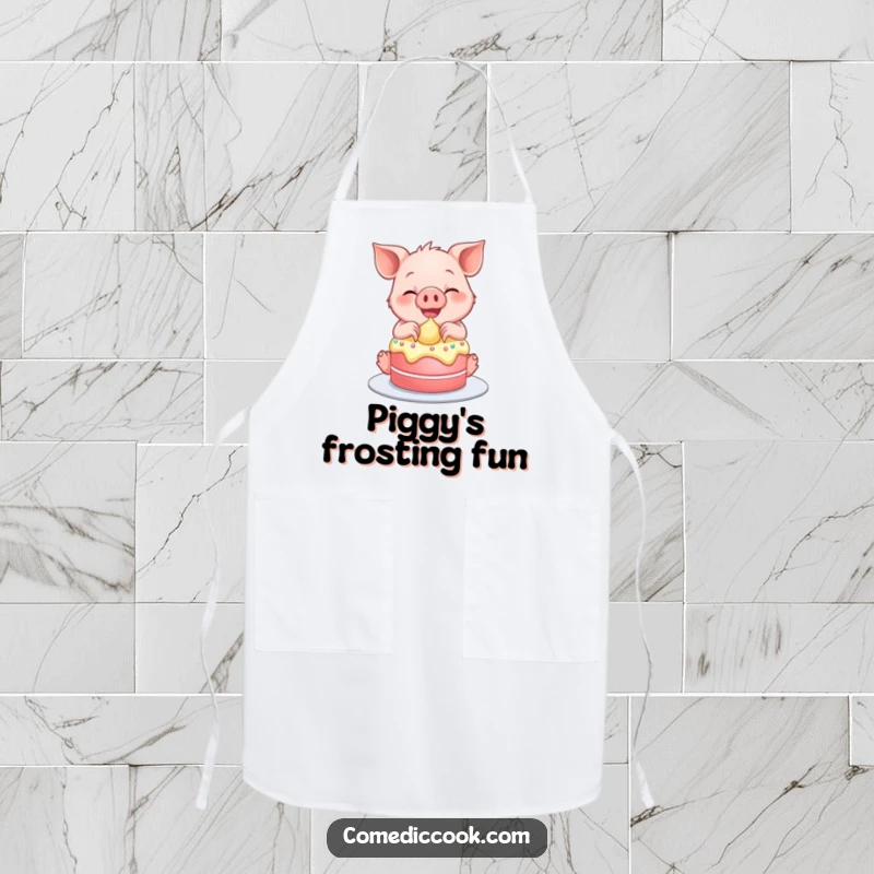 Funny apron of a smiling piglet gleefully frosting a tiny cake, great for bakers.