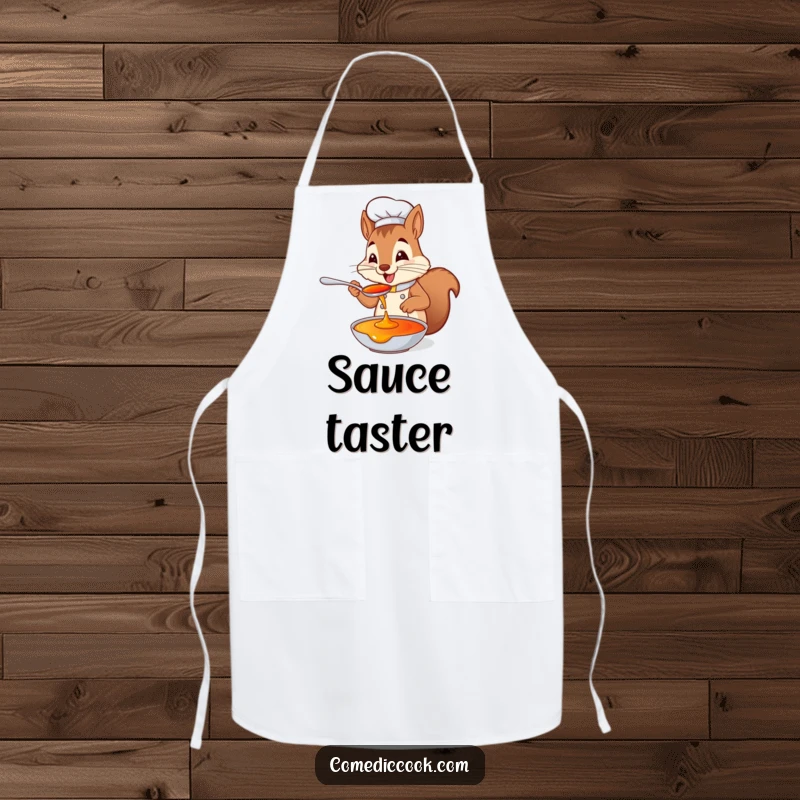 Funny squirrel chef apron with a playful squirrel tasting sauce from a spoon with delight, protecting clothes and adding food humor.