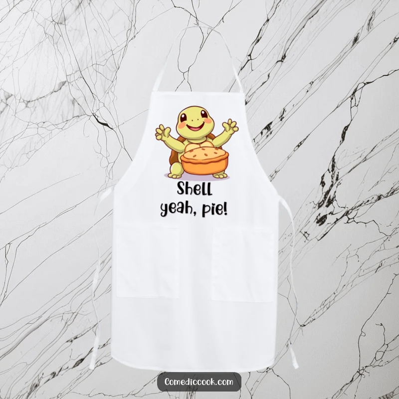 Funny turtle apron showing a joyful turtle triumphantly presenting a baked pie, ideal for bakers with patience.