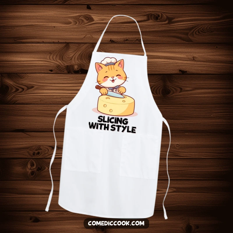 Funny Cat Chef Apron showing a happy cat diligently slicing a very large wheel of cheese, a fun and practical kitchen accessory.