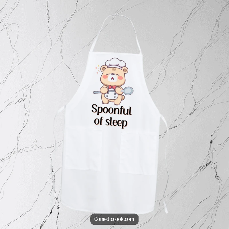 Funny Sleepy Bear Chef Apron showing a tired bear yawning widely while holding a giant spoon, a fun and practical kitchen accessory.