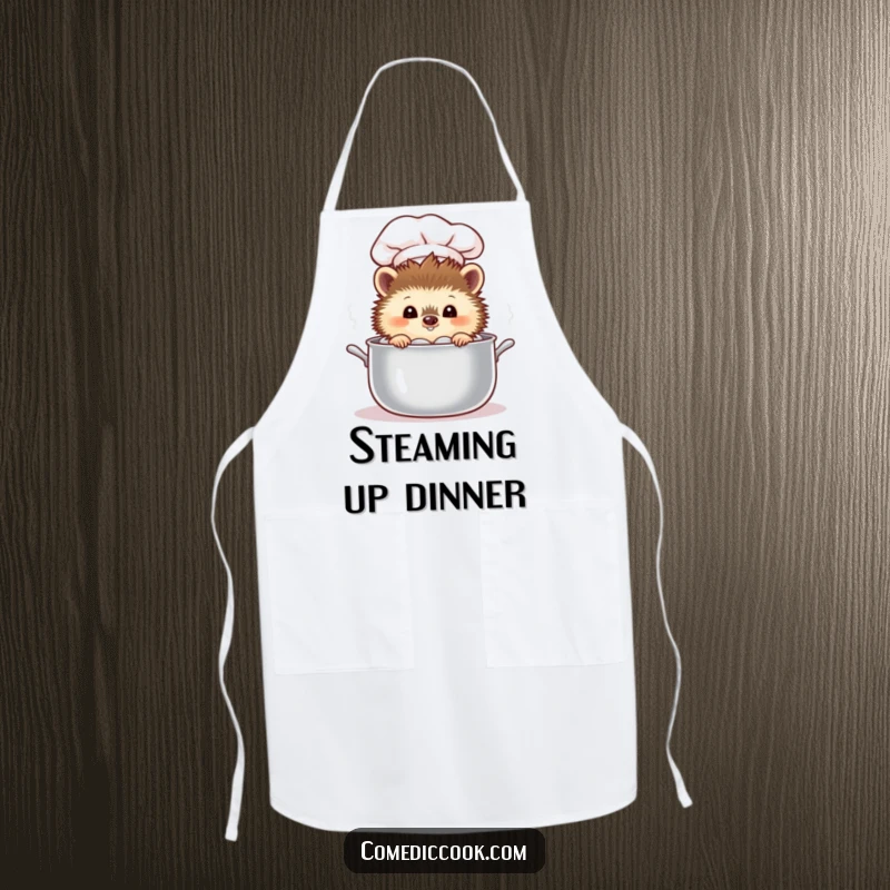 Funny curious hedgehog chef peeking into a steaming pot on a stylish and humorous kitchen apron.