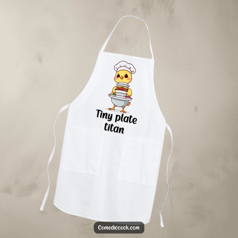 Funny Chick Chef Apron showing a determined chick chef balancing a tall stack of miniature dishes, a fun and practical kitchen accessory.