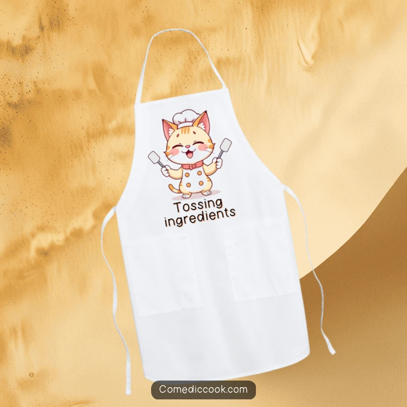 Funny giggling cat chef juggling three tiny spatulas with a playful grin, printed on a durable apron for culinary adventures.