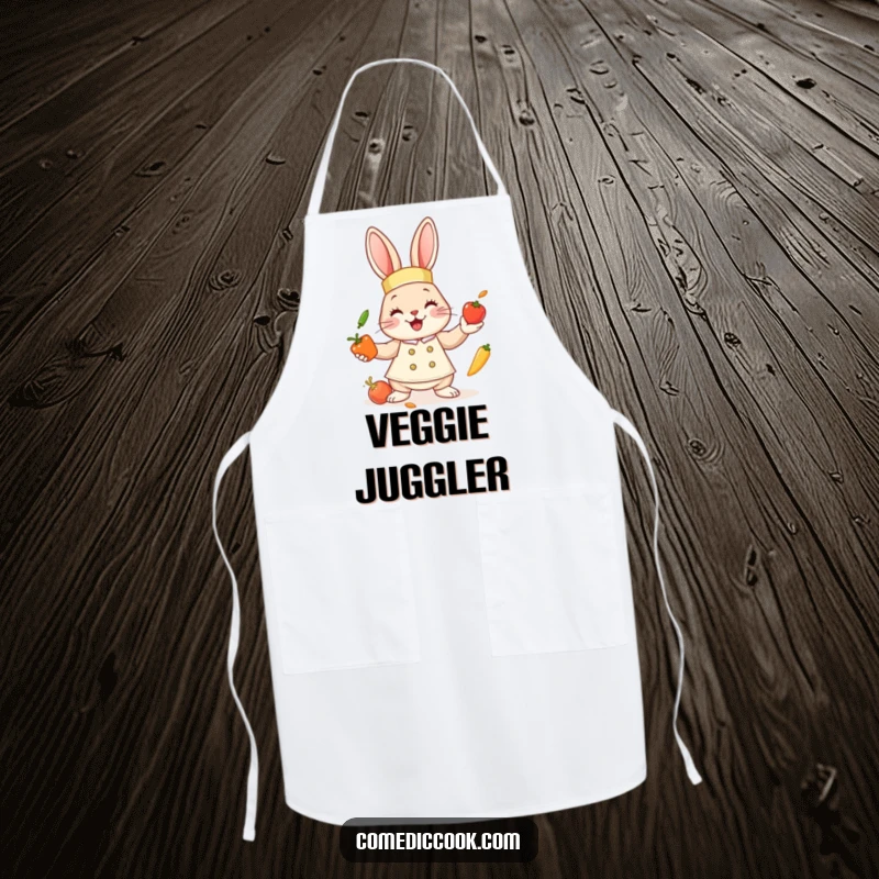 Funny bunny chef apron with a cute bunny juggling miniature vegetables, protecting clothes and adding kitchen humor to cooking.