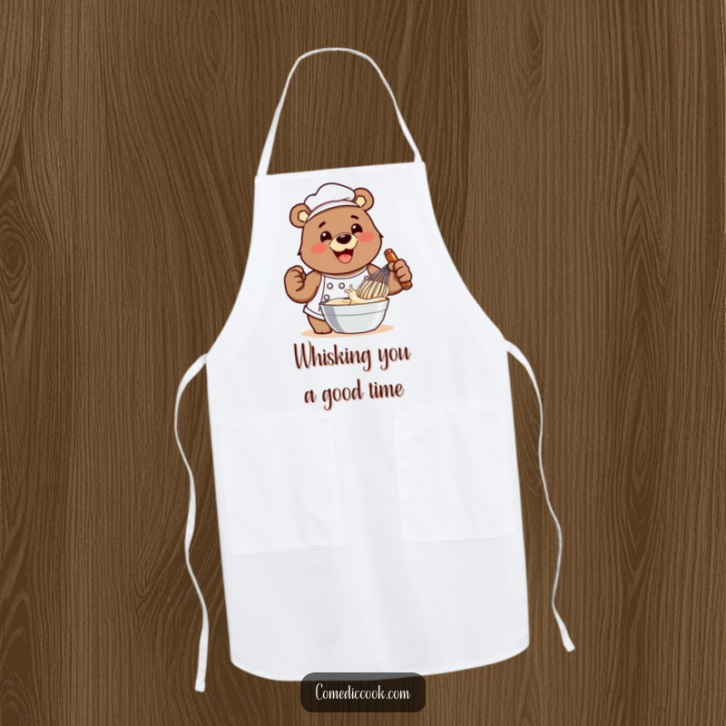 Funny bear chef apron showing him vigorously whisking batter, ready for kitchen adventures and delicious culinary creations.