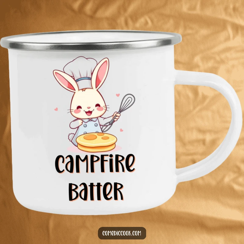 Funny bunny chef in a toque, flipping a pancake, ready for adventure on a durable camping mug, perfect for outdoor enthusiasts.
