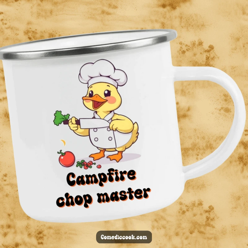 Funny Duck Chef Camping Mug: A bouncing duck chef chops vegetables, bringing humor to outdoor drinks.