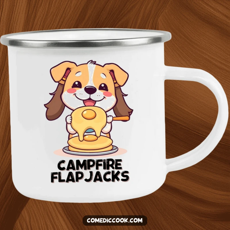Funny camping mug showing a dog expertly flipping a pancake, designed for durability and bringing smiles to outdoor adventures, ideal for nature lovers.