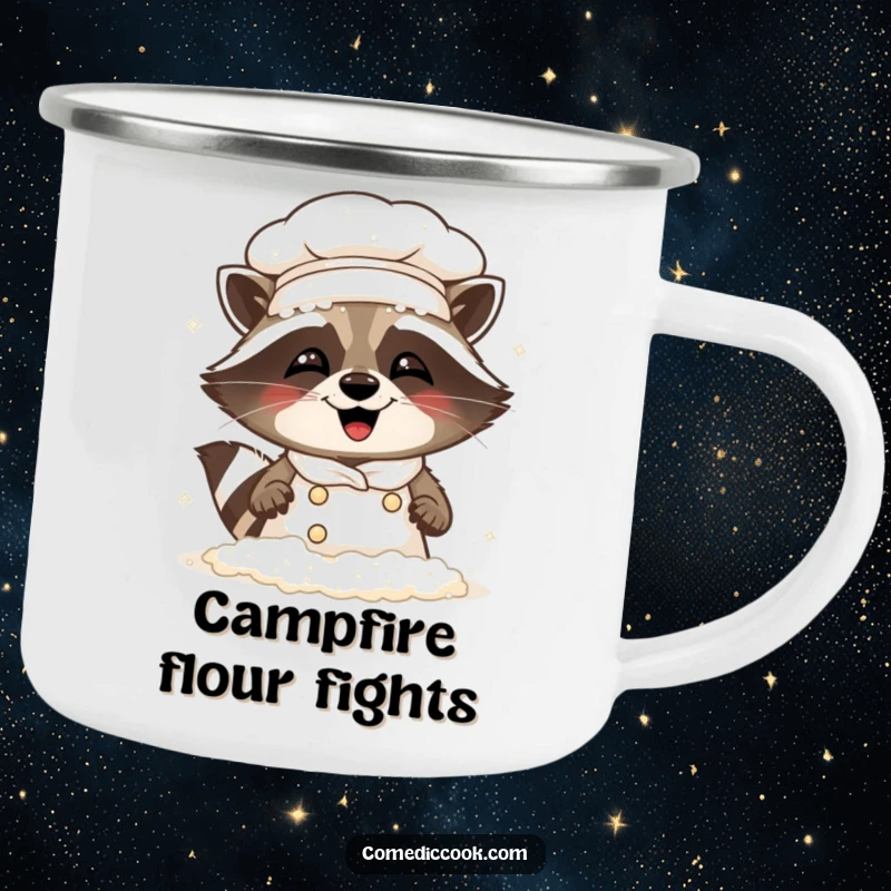 Funny Raccoon Chef Camping Mug: Enameled mug with a flour-covered, giggling raccoon chef, ready for outdoor baking fun.