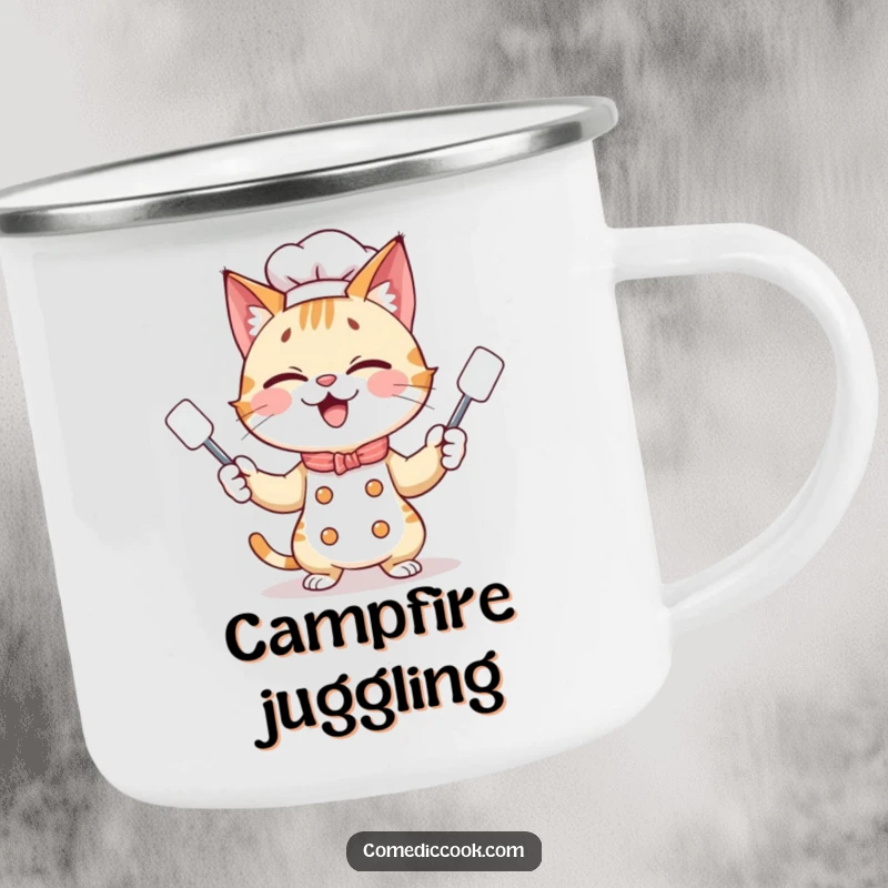Funny giggling cat chef juggling spatulas, ready for adventure on a durable camping mug, perfect for outdoor enthusiasts.