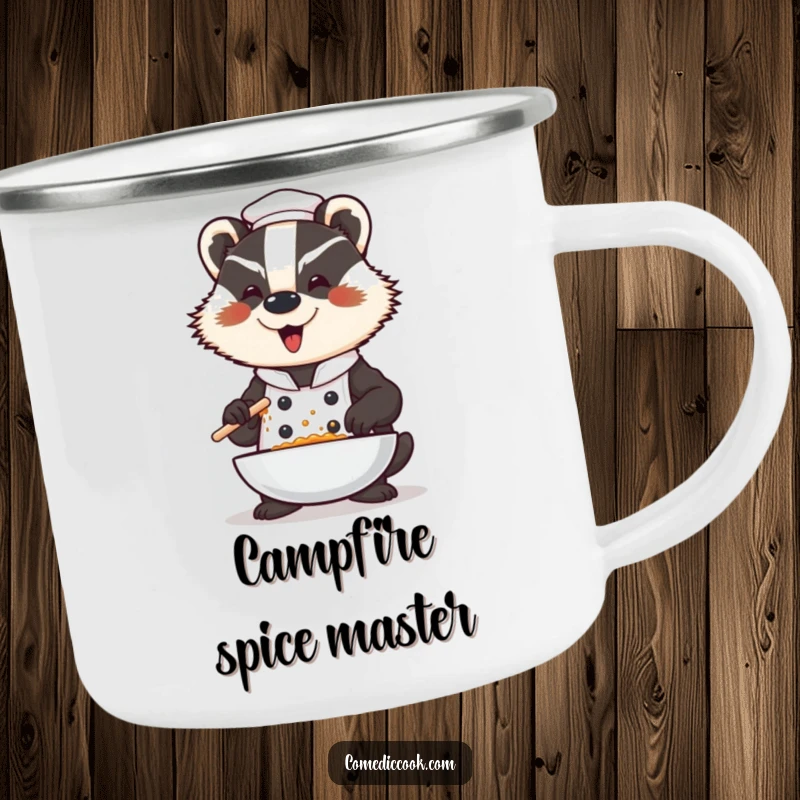 Funny badger chef camping mug, a dramatic character seasoning a dish with a flourish, ideal for enjoying beverages during outdoor adventures with a humorous theme.
