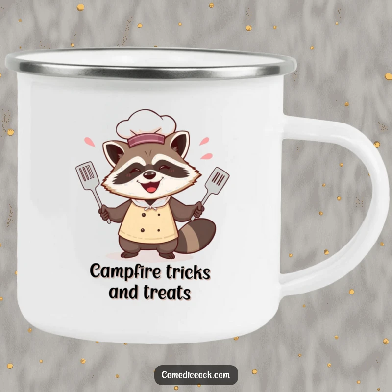 Funny raccoon chef camping mug showing him juggling spatulas with excitement, perfect for outdoor cooking and coffee breaks.