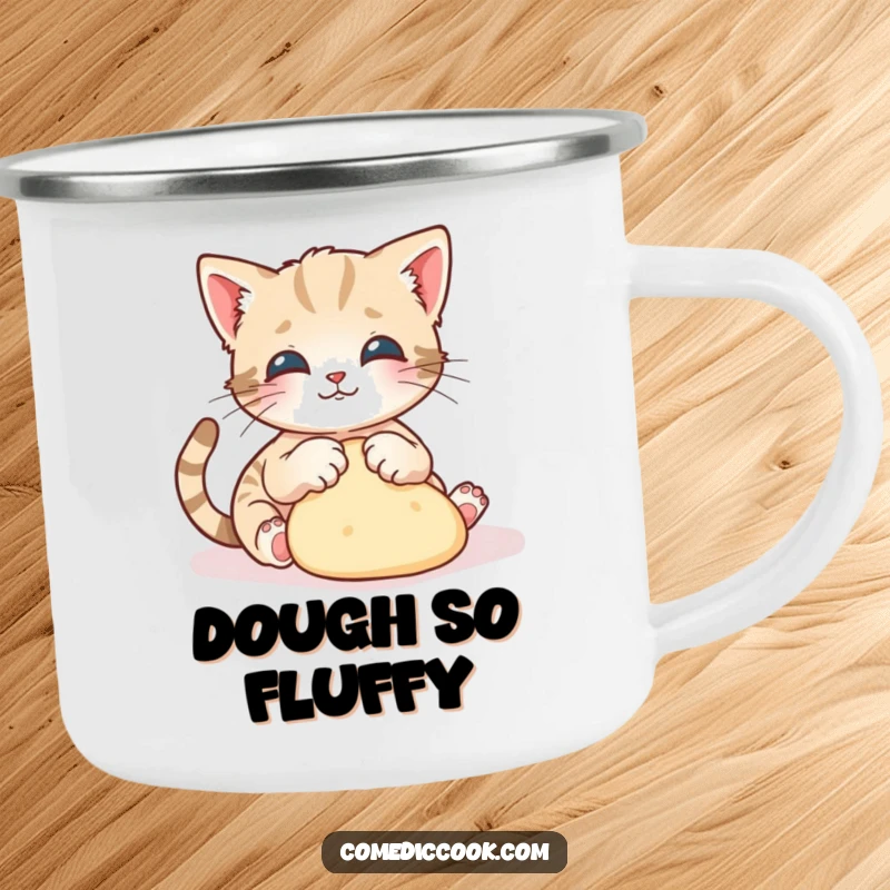 Funny kitten camping mug featuring a playful kitten gracefully kneading dough with tiny paws, for outdoor coffee lovers.