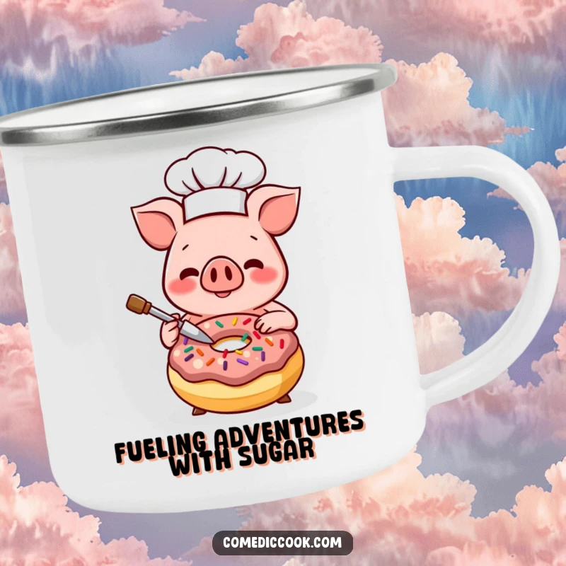 Funny Kawaii pig chef camping mug, featuring a smiling pig decorating a donut with sprinkles. Durable enamel cup, great funny gift.