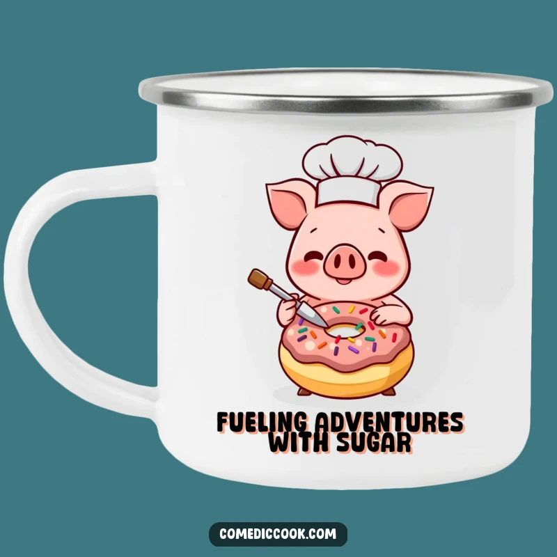 Funny Kawaii Pig Chef Camping Mug - Happy Donut Decorator Enamel Cup, Perfect Funny Gift